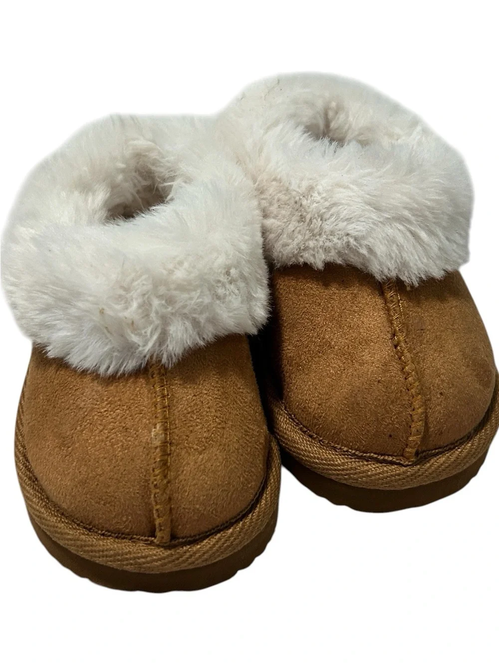 wonder nation Toddler Faux-Suede Slippers with Cream Fur Trim - Brown